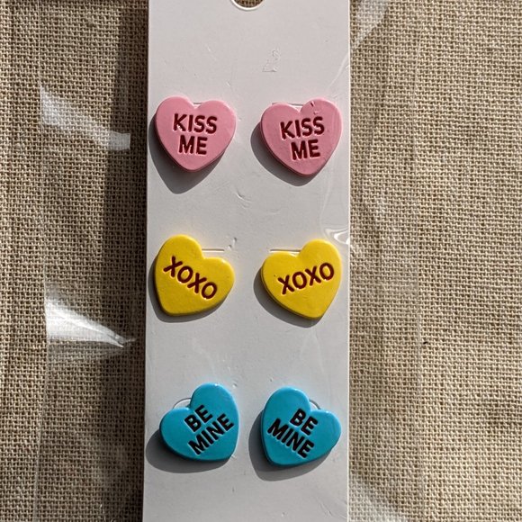 Set of Three Candy Heart Message Stud Earrings - Picture 1 of 2